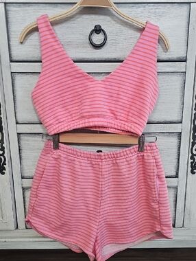 Size Small Pink/ Orange Stripe Lounge Shorts + Top, Matching Set